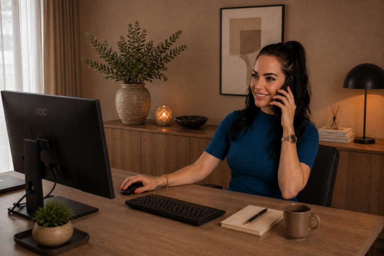 Virtual Assistant Fallon aan het werk achter de computer tijdens een telefoongesprek