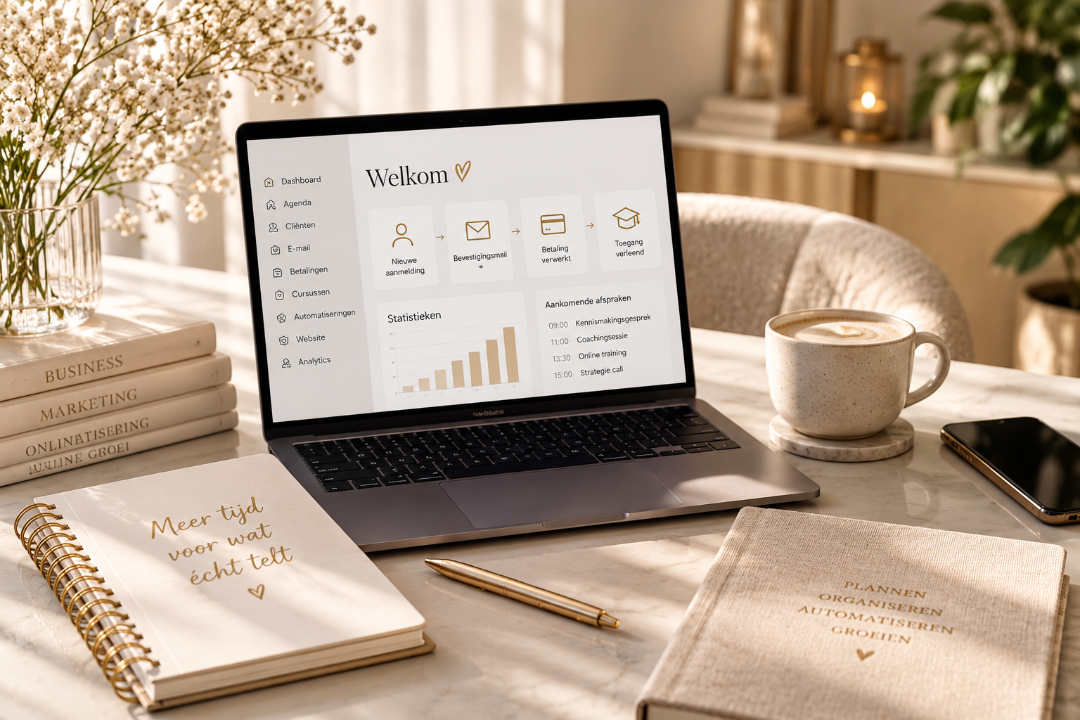 Laptop met dashboard voor automatiseringen, klantbeheer en online cursussen voor coaches, naast een planner en kop koffie.