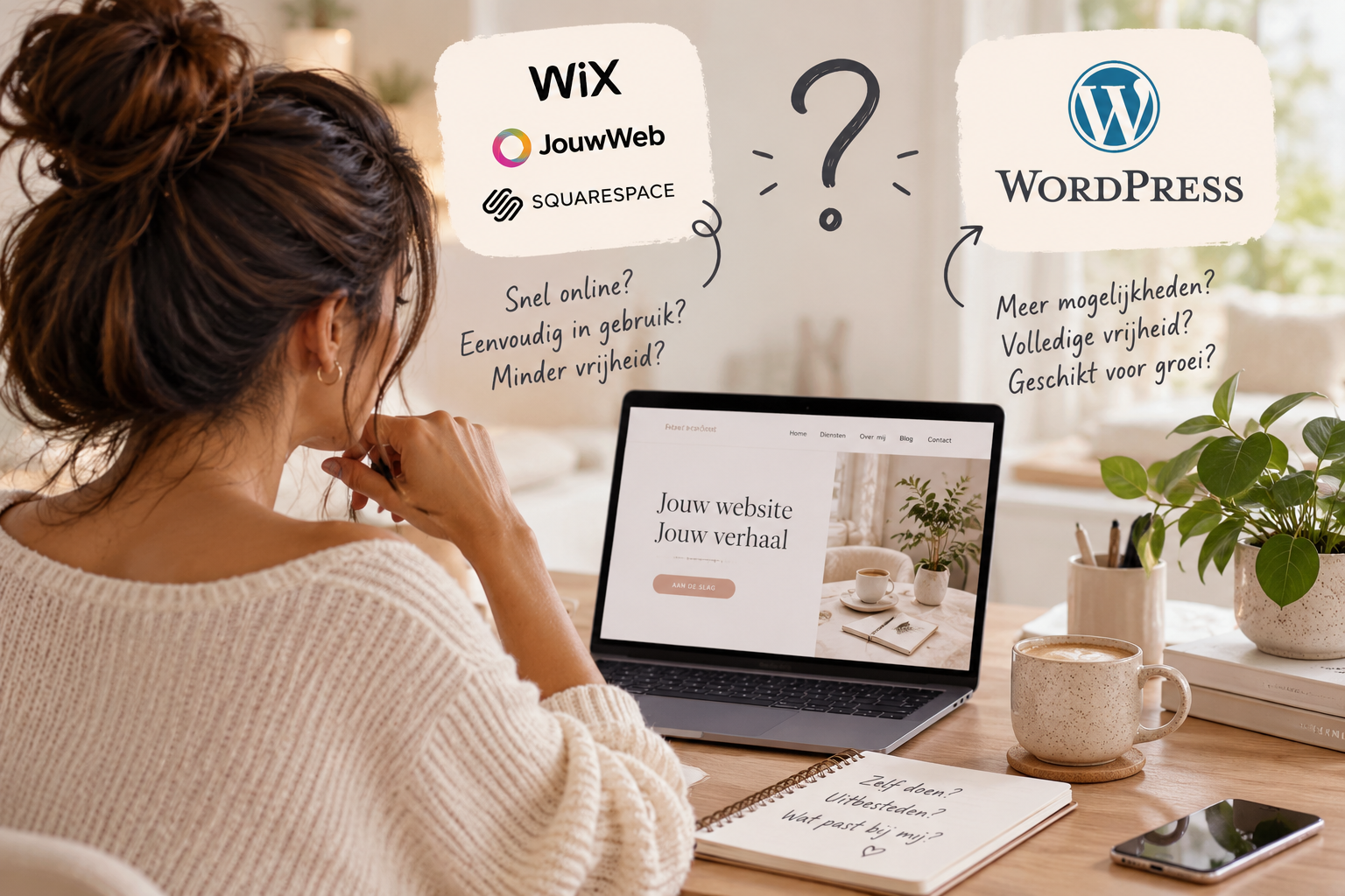 Vrouw vergelijkt WordPress met Wix, JouwWeb en Squarespace om zelf een website te maken of uit te besteden.